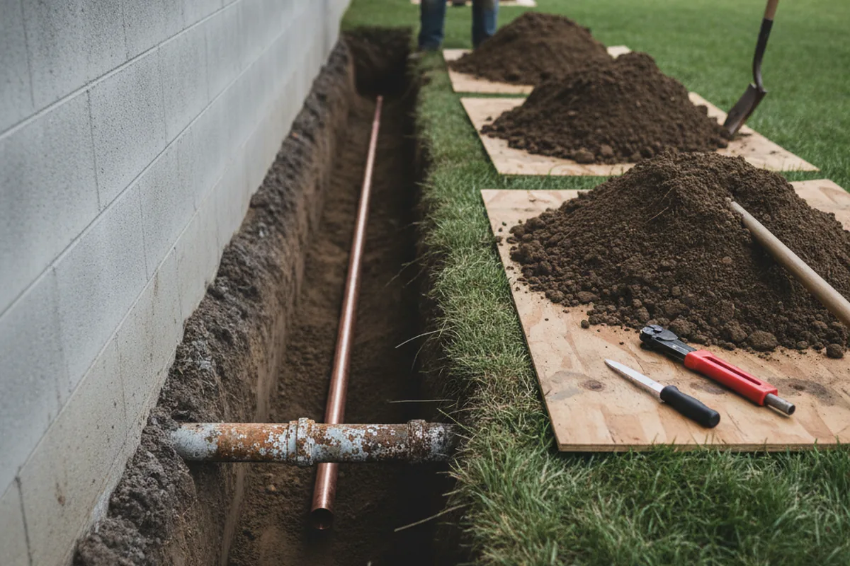 Excavated water line trench during Water Softener Installation in Transfer